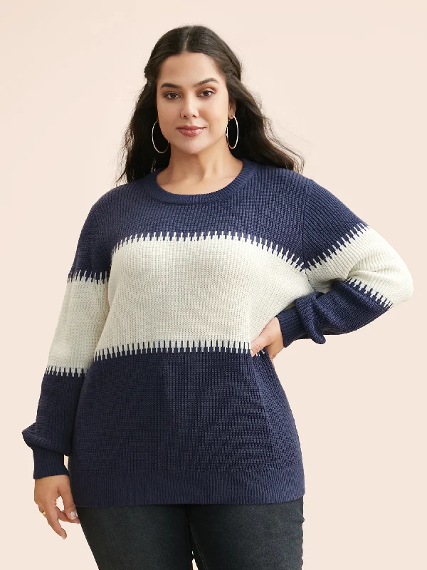 Women's Woolen Pullover Sweater with Color Block-Crew Neck Contrast Patchwork Pullover Women's Woolen Pullover Sweater with Color Block-Crew Neck Contrast Patchwork Pullover