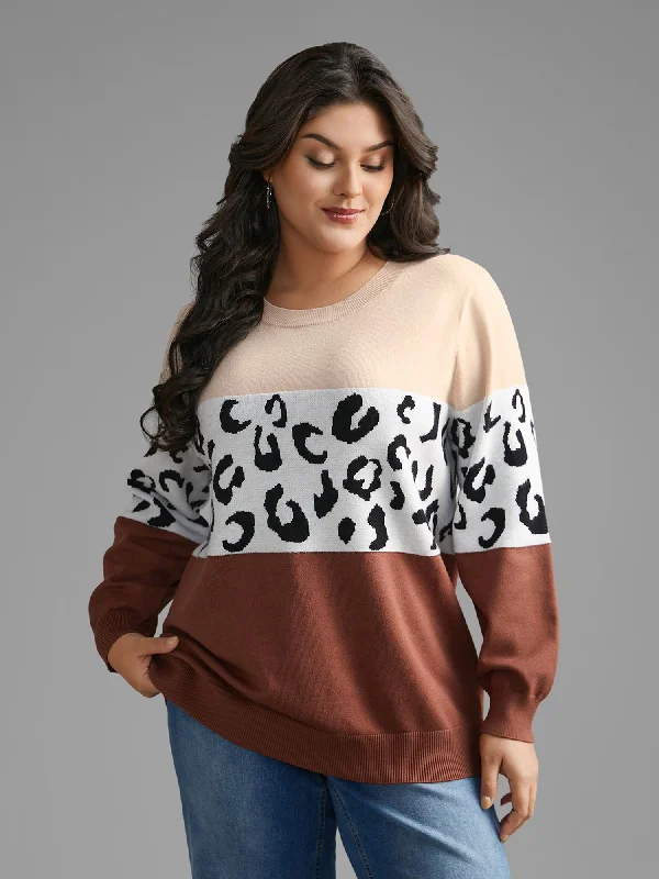 Women's Luxury Pullovers Sweater-Crew Neck Leopard Print Contrast Pullover