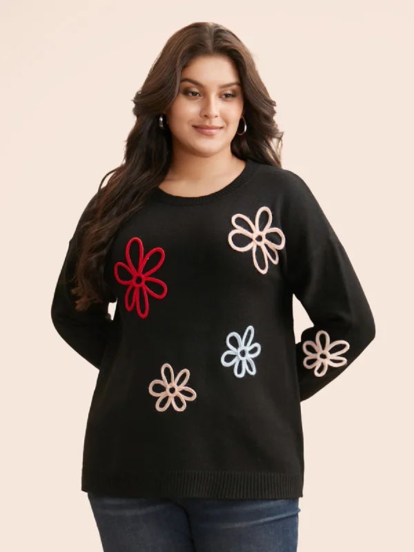 Women's Simple Pullovers Sweater for Winter-Crochet Floral Crew Neck Pullover