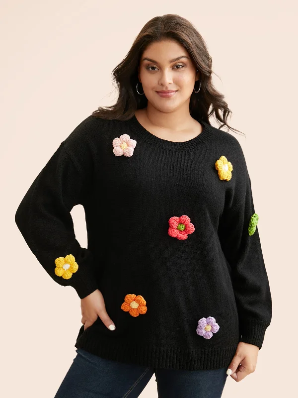 Women's Pullover Sweater with Unique Design-Crochet Floral Drop Shoulder Sleeve Pullover Women's Pullover Sweater with Unique Design-Crochet Floral Drop Shoulder Sleeve Pullover
