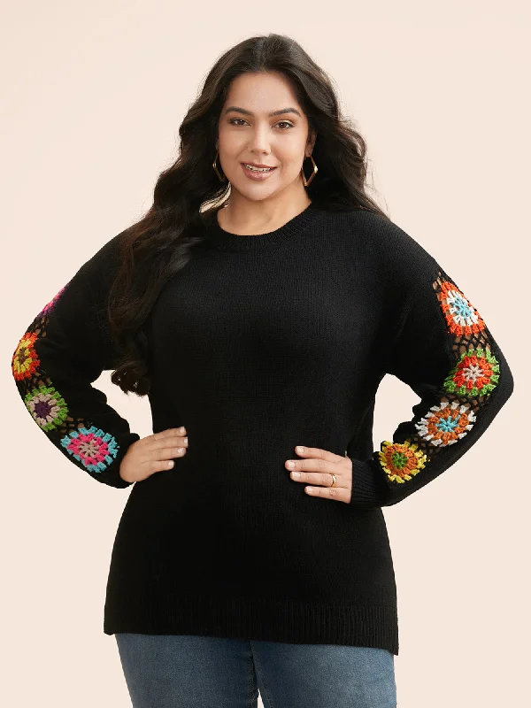 Women's Oversized Wool Knit Pullover Sweater-Crochet Floral Patchwork Cut Out Pullover