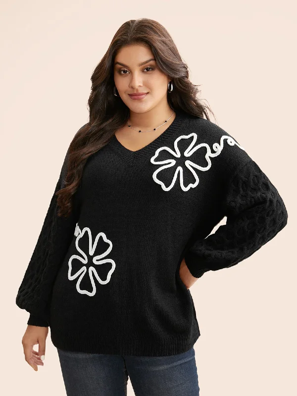 Women's Long Sleeve Cardigan-Pullover Sweater-Crochet Floral Texture V Neck Pullover Women's Long Sleeve Cardigan-Pullover Sweater-Crochet Floral Texture V Neck Pullover