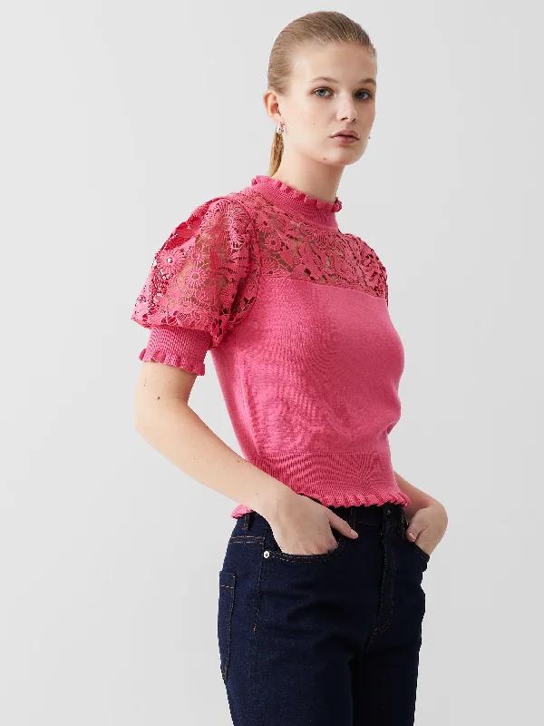 Women's Knit Sweater with Striped Design -Crochet Lace Mix Knit Top