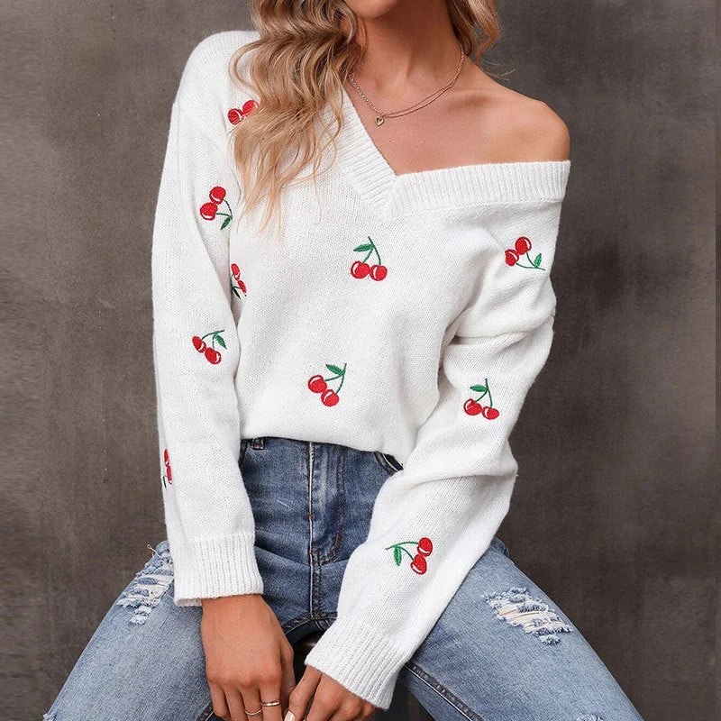 Women's Chunky Knit Pullover Sweater for Cold Weather-Cross-Border Autumn Winter New Loose Casual Sweater Cherry Embroidery V-Neck Pullover Women Women's Chunky Knit Pullover Sweater for Cold Weather-Cross-Border Autumn Winter New Loose Casual Sweater Cherry Embroidery V-Neck Pullover Women