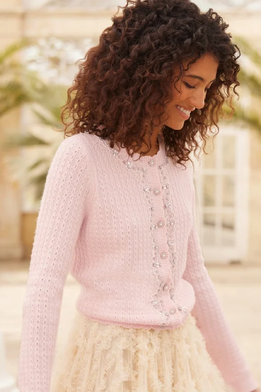 Knit Tops with Zipper Detail-Crystal Border Short Cardigan