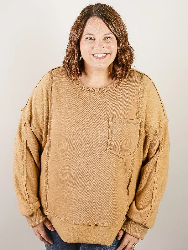 Women's Sweatshirts for Easy Layering -Curvy Camel French Terry Comfy Pullover