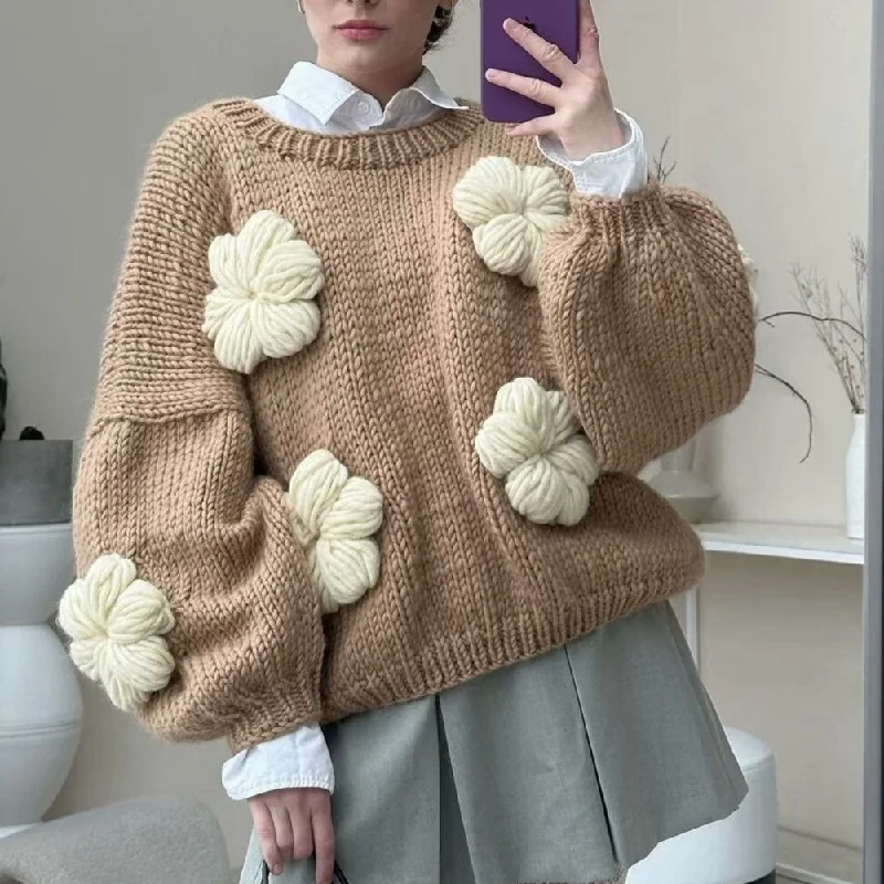 Women's Long Sleeve Pullovers Sweater with Pockets-Cute 3D Flower Puff Sleeve Handmade Knit Chunky Yarn Oversized Pullover Sweater