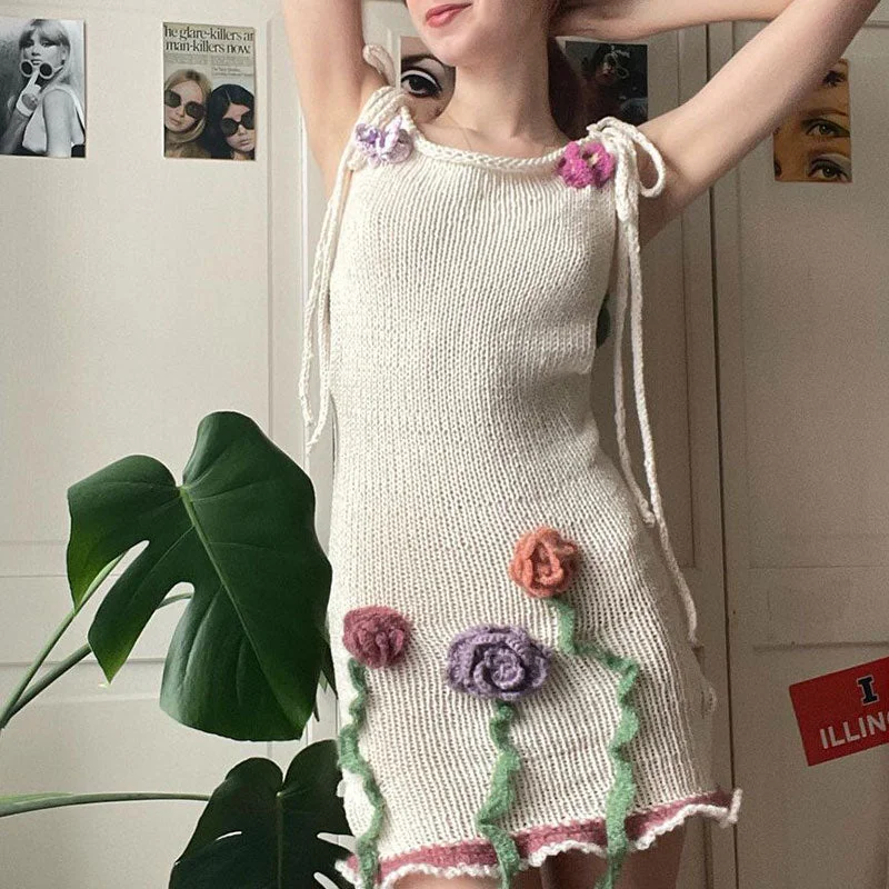 Women's Sweaterdress for Office -Cute 3D Rosette Ruffled Tie Strap Roll Hem Backless Mini Knit Dress Women's Sweaterdress for Office -Cute 3D Rosette Ruffled Tie Strap Roll Hem Backless Mini Knit Dress