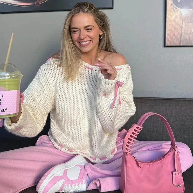 Women's Chunky Knit Cashmere Pullovers Sweater-Cute Bow Tie Contrast Boat Neck Long Sleeve Oversized Pullover Sweater Women's Chunky Knit Cashmere Pullovers Sweater-Cute Bow Tie Contrast Boat Neck Long Sleeve Oversized Pullover Sweater