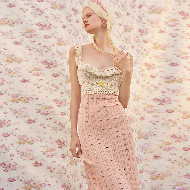 Women's Sweaterdress with Cut-Out Design -Cute Contrast Pointelle Knit Flower Embroidered Lace Up Crocheted Midi Dress Women's Sweaterdress with Cut-Out Design -Cute Contrast Pointelle Knit Flower Embroidered Lace Up Crocheted Midi Dress
