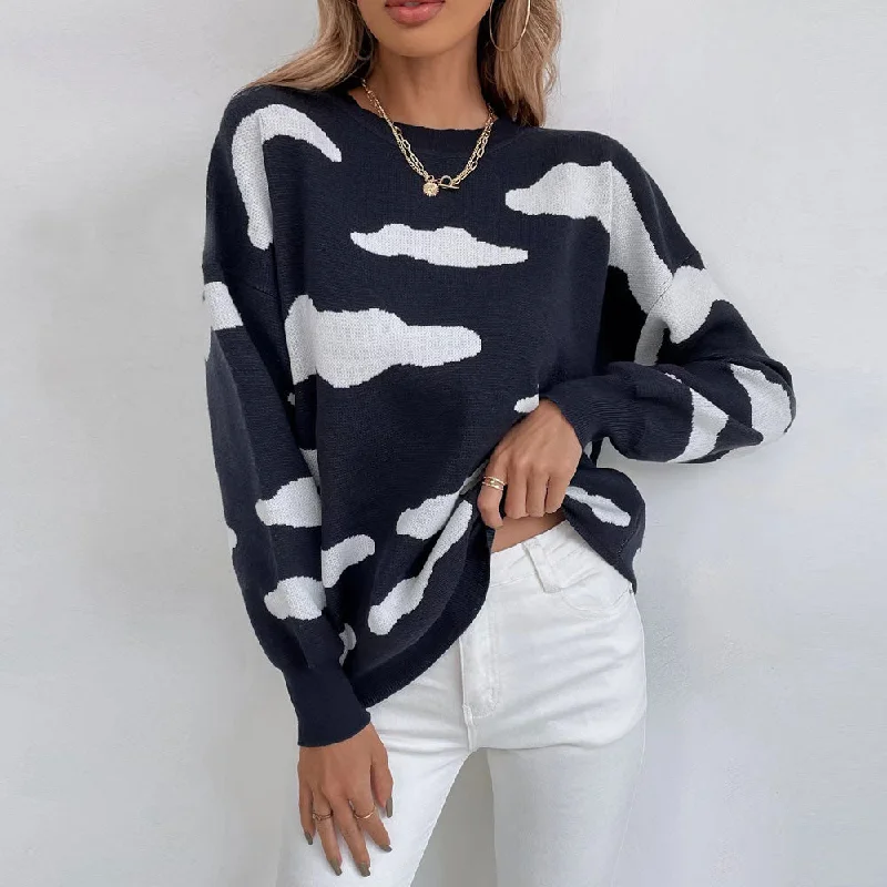 Women's Relaxed Fit Pullovers Sweater-Cute Crew Neck Cloud Jacquard Knit Black Oversized Pullover Sweater Women's Relaxed Fit Pullovers Sweater-Cute Crew Neck Cloud Jacquard Knit Black Oversized Pullover Sweater