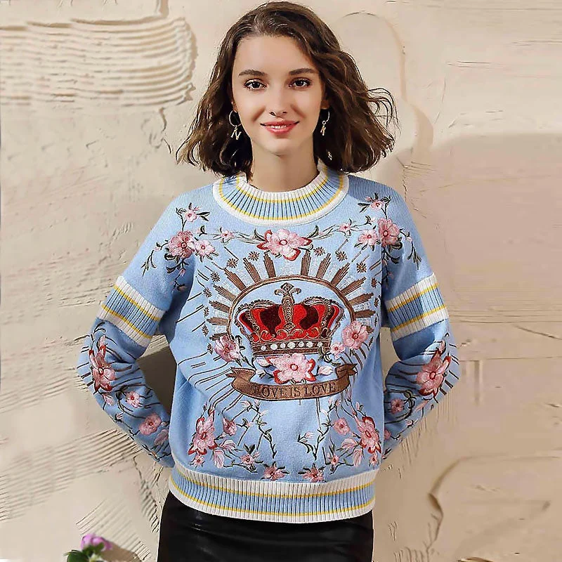 Women's Pullovers Sweater for a Layered Look-Cute Blue Floral Crown Embroidered Crew Neck Drop Shoulder Pullover Sweater Women's Pullovers Sweater for a Layered Look-Cute Blue Floral Crown Embroidered Crew Neck Drop Shoulder Pullover Sweater