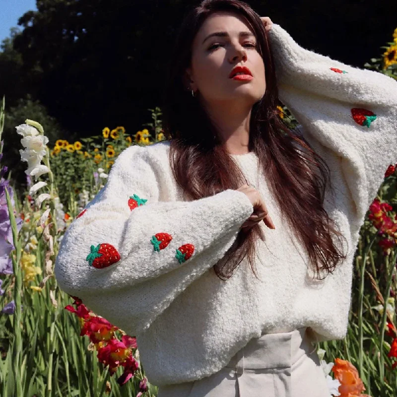 Women's Comfortable Knit Pullover Sweater with Ribbed Finish-Cute Strawberry Embroidered Puff Sleeve Crew Neck White Pullover Sweater