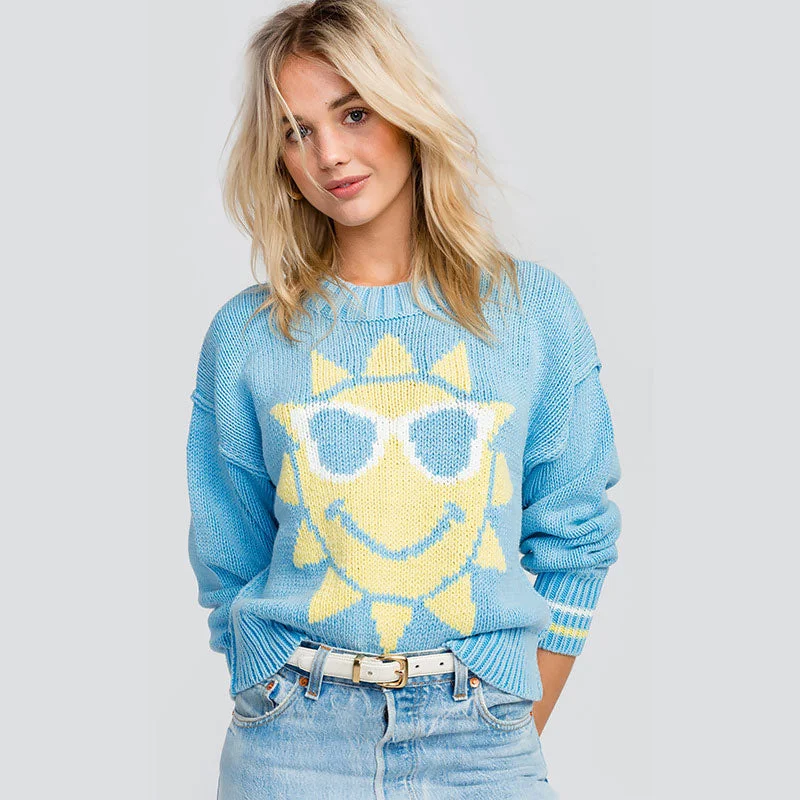 Women's Cable Knit Pullovers Sweater-Cute Blue Sun Pattern Crew Neck Drop Shoulder Pullover Sweater Women's Cable Knit Pullovers Sweater-Cute Blue Sun Pattern Crew Neck Drop Shoulder Pullover Sweater