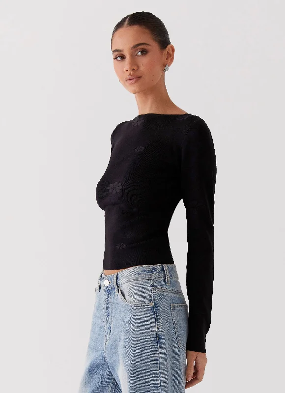 Women's Knit Sweater with Belt Detail -Dandelion Long Sleeve Knit Top - Black