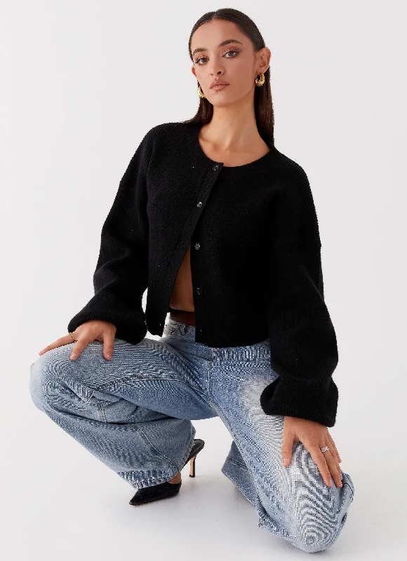 Women's Knit Sweater with Waist Tie -Daphne Knit Cardigan - Black
