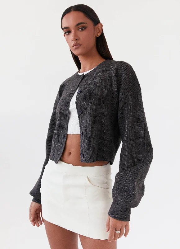 Women's Knit Sweater with Boat Neck -Daphne Knit Cardigan - Charcoal