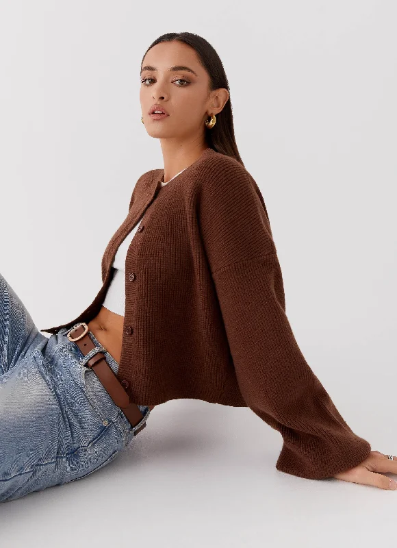 Women's Knit Tops with V-neck and Long Sleeves -Daphne Knit Cardigan - Chocolate