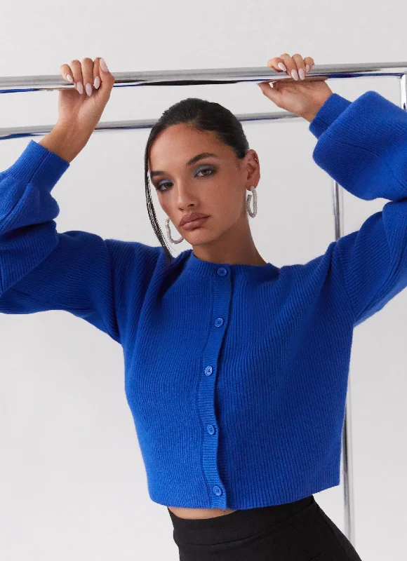 Classic Women's Knit Sweater with Ribbed Detail -Daphne Knit Cardigan - Cobalt