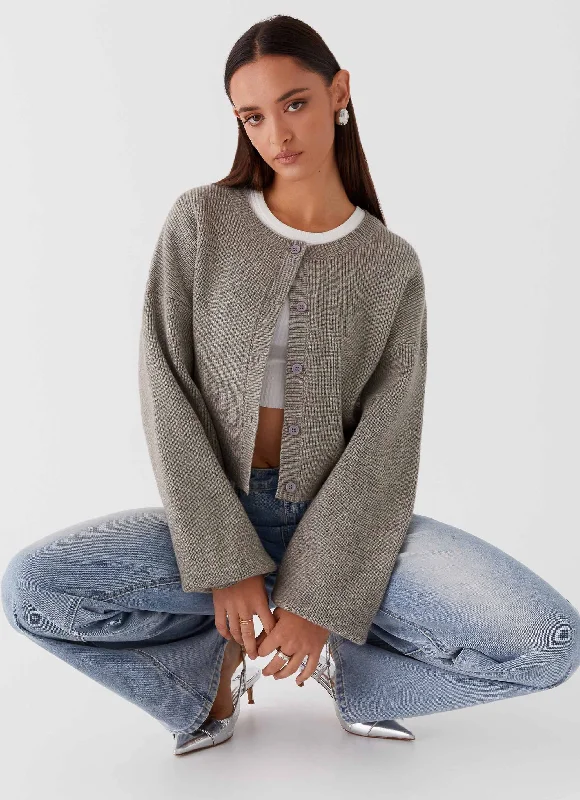 Loose Fit Women's Knit Sweater -Daphne Knit Cardigan - Light Grey