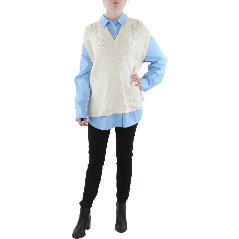 Women's V-neck Pullovers Sweater-Derek Lam 10 Crosby Womens Paige Collared Knit Pullover Sweater Women's V-neck Pullovers Sweater-Derek Lam 10 Crosby Womens Paige Collared Knit Pullover Sweater