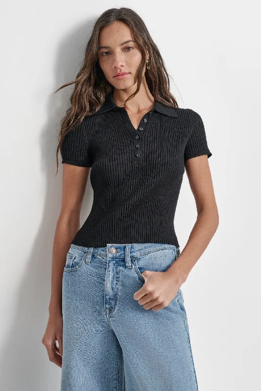 Relaxed Fit Women's Short Sleeve T-shirt -SHORT SLEEVE RIB POLO TEE