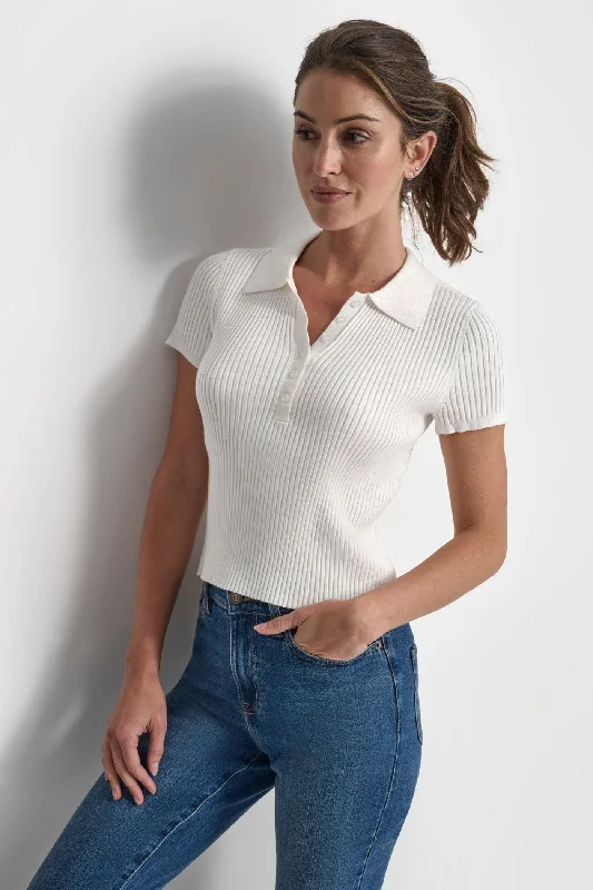 Women's Fashion Short Sleeve T-shirt -SHORT SLEEVE RIB POLO TEE