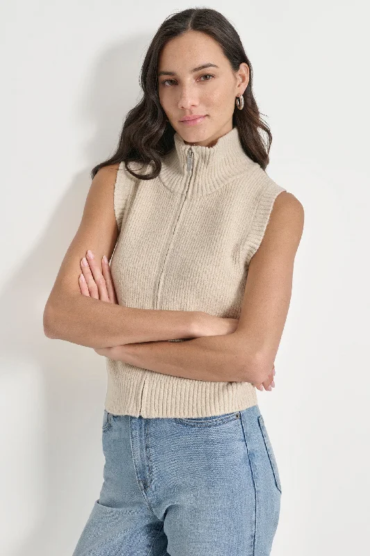 Women's Turtleneck Vests Sweater-LUREX MOCK NECK ZIP FRONT VEST