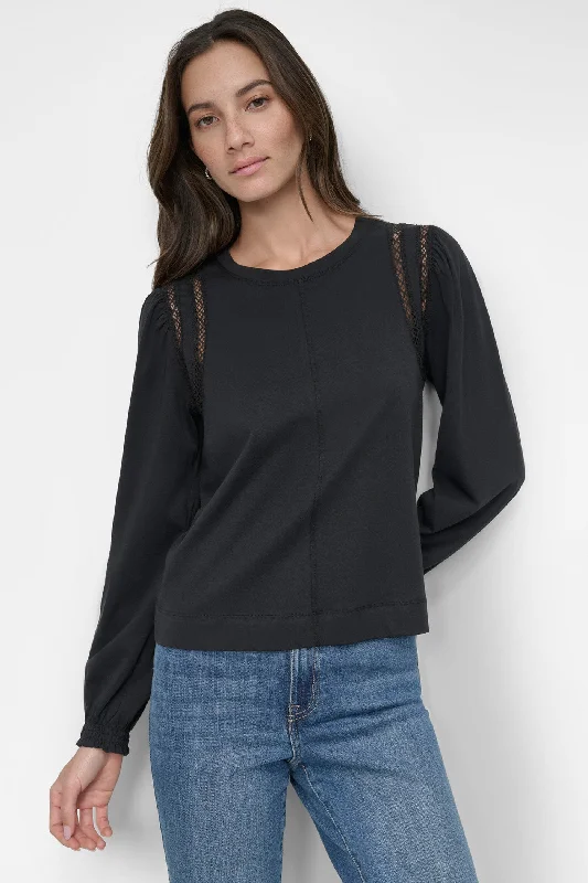 Women's Cotton Short Sleeve T-shirt -EYELET ARMHOLE PUFF BRACELET SLEEVE TEE