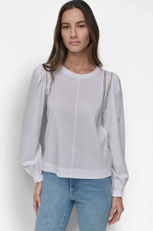 Women's Casual Short Sleeve T-shirt -EYELET ARMHOLE PUFF BRACELET SLEEVE TEE