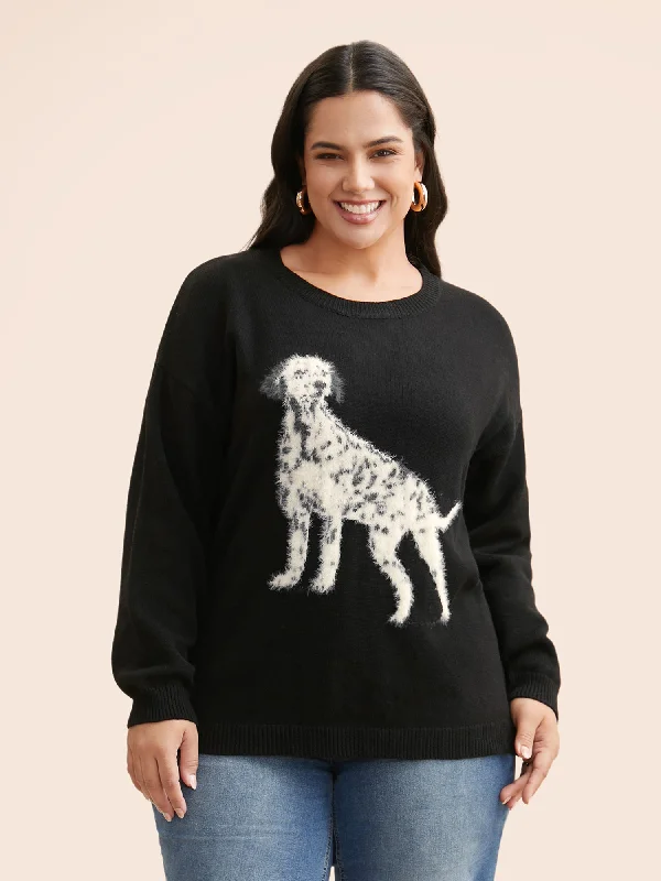 Women's Cozy Pullover Sweater with Pockets-Dog Jacquard Fluffy Drop Shoulder Pullover Women's Cozy Pullover Sweater with Pockets-Dog Jacquard Fluffy Drop Shoulder Pullover