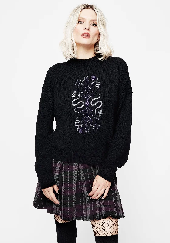 Women's Pullovers Sweater with Front Design-Dominion Snake Embroidered Knit Jumper
