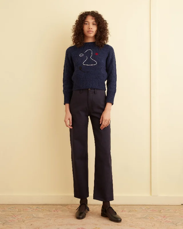 Knit Tops with Buttons-Doodle Crewneck - Navy