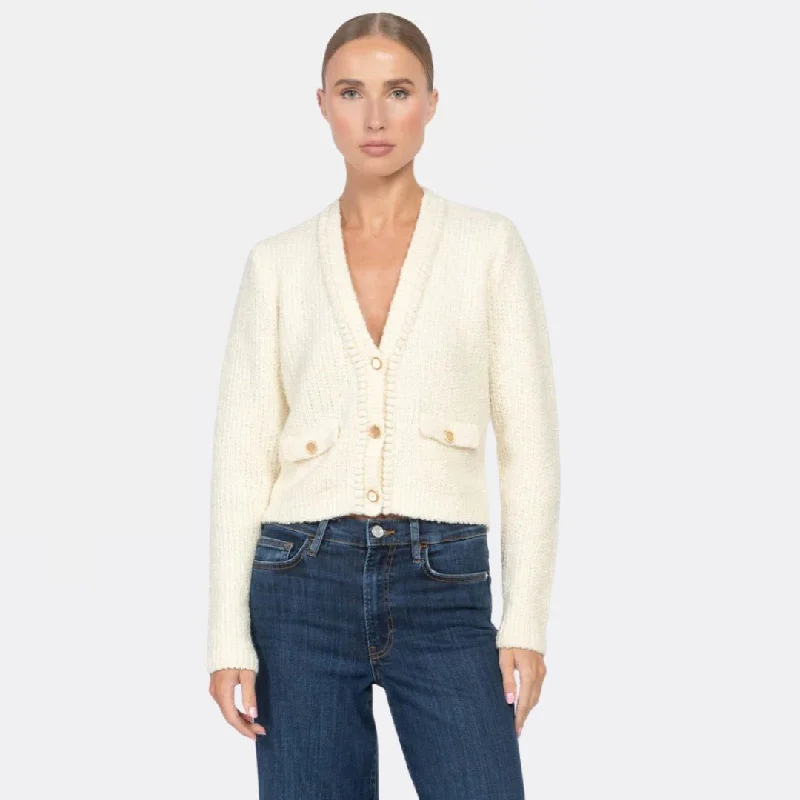Knit Tops with Geometric Knit Patterns-Double Pocket Cropped Cardi (Cream)