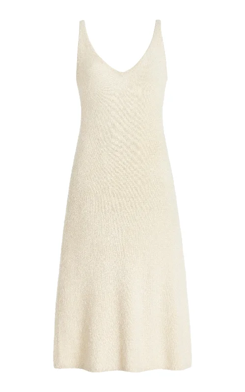 Knit Tops with Turtleneck-Downs Knit Slip Midi Dress in Ivory Silk Cashmere
