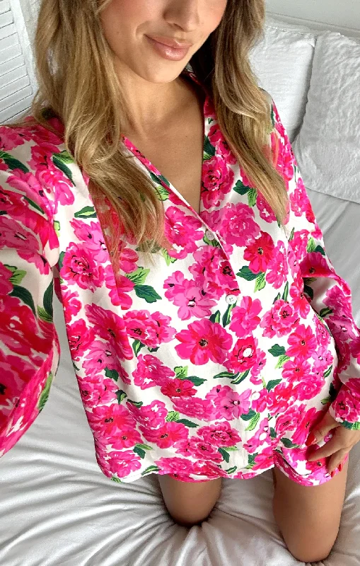 Women's Sweater Set with Open Back -Early Riser PJ Set ~ Pink Floral Soiree Silky