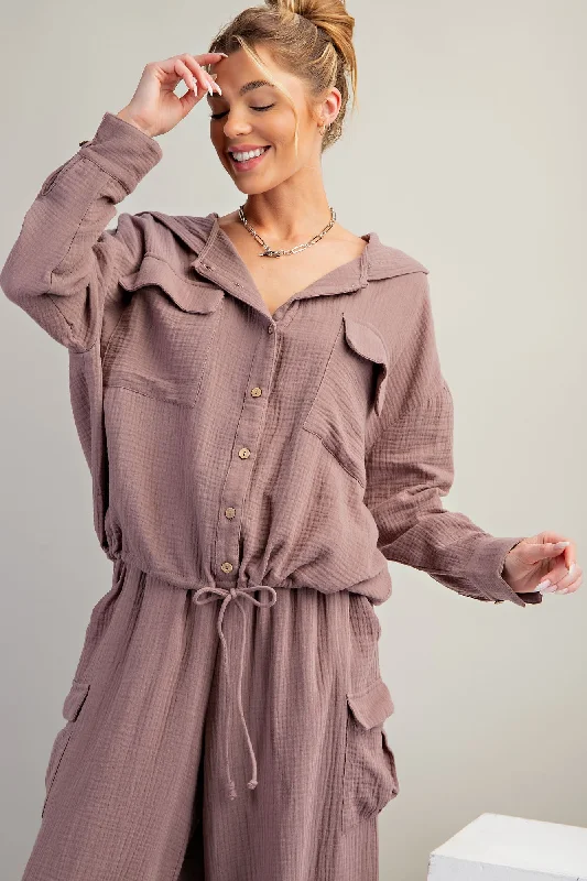 Women's Sweatshirts with Bold Slogan -Easel Button Down Cotton Gauze Hoodie