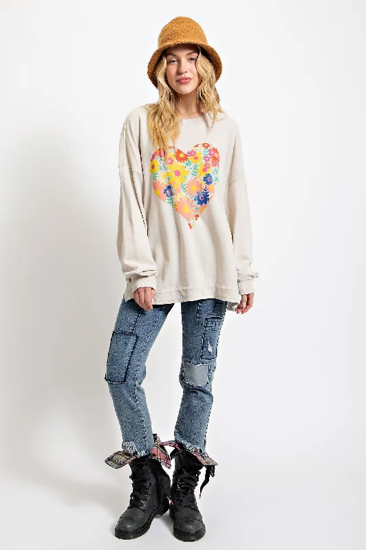 Women's Sweatshirts for Active Street Style -Easel Heart Print Washed Pullover