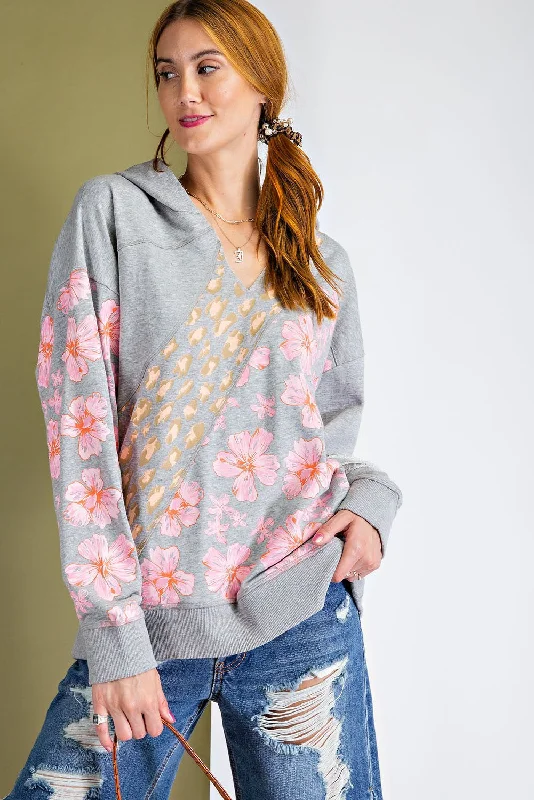 Women's Sweatshirts with Embossed Detailing -Easel Mix Print Terry Pullover Hoodie