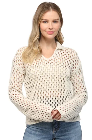 Women's Simple Wool Pullovers Sweater-Ecru Open Knit Pullover Sweater