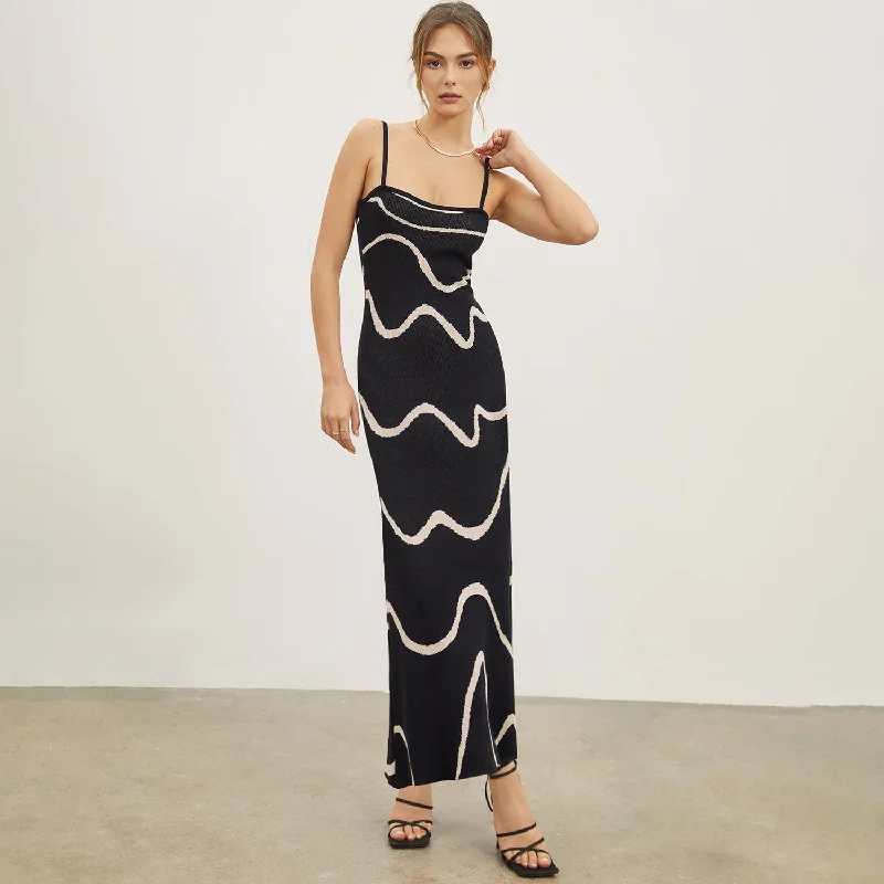 Women's Sweaterdress with Ribbed Hem -Elegant Contrast Wavy Print Sleeveless Spaghetti Strap Maxi Slip Knit Sweater Dress Women's Sweaterdress with Ribbed Hem -Elegant Contrast Wavy Print Sleeveless Spaghetti Strap Maxi Slip Knit Sweater Dress