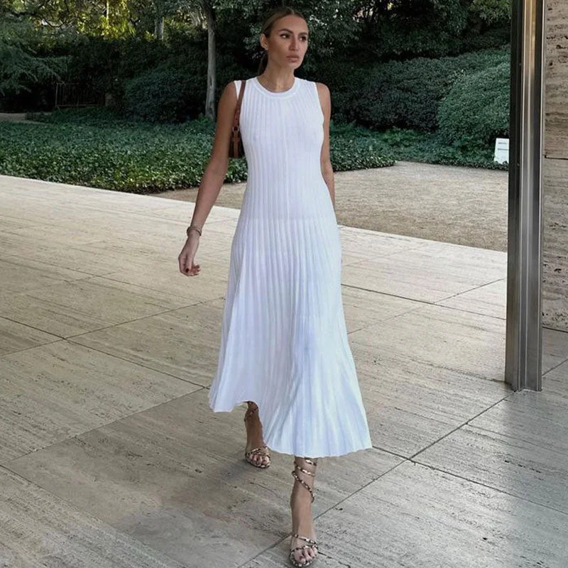 Plus Size Women's Sweaterdress -Elegant White Crew Neck Sleeveless Rib Knit Fitted Midi Dress Plus Size Women's Sweaterdress -Elegant White Crew Neck Sleeveless Rib Knit Fitted Midi Dress