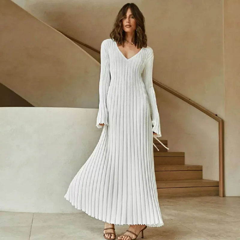 Women's Sweaterdress with Mock Neck Design -Elegant Flare Sleeve Lettuce Trim Ribbed Knit Sweater Maxi Dress Women's Sweaterdress with Mock Neck Design -Elegant Flare Sleeve Lettuce Trim Ribbed Knit Sweater Maxi Dress