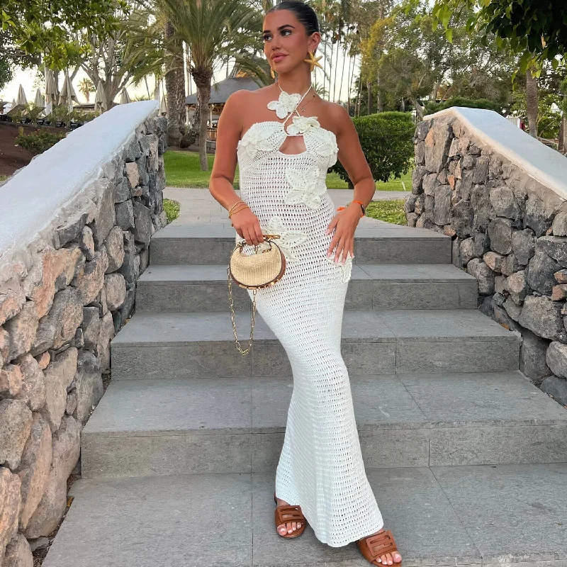 Women's Sweaterdress with Smooth Fit -Elegant Floral Applique Halter Neck Sheath Open Knit Crochet Maxi Dress Women's Sweaterdress with Smooth Fit -Elegant Floral Applique Halter Neck Sheath Open Knit Crochet Maxi Dress