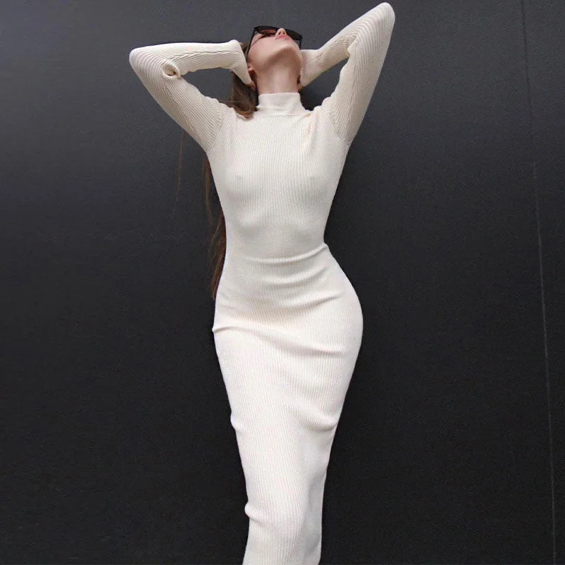 Women's Sweaterdress with Chunky Knit Texture -Elegant High Neck Long Sleeve Bodycon Rib Knit White Midi Sweater Dress Women's Sweaterdress with Chunky Knit Texture -Elegant High Neck Long Sleeve Bodycon Rib Knit White Midi Sweater Dress