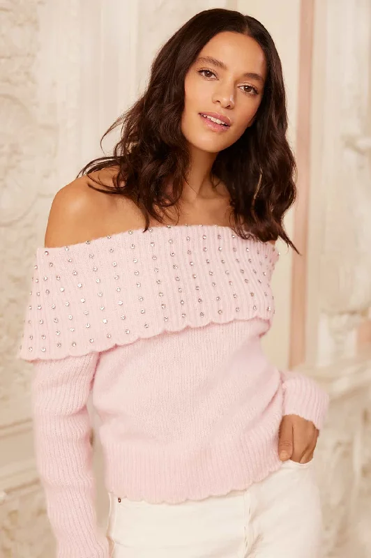 Knit Tops with Small Cuffs-Embellished Bardot Jumper