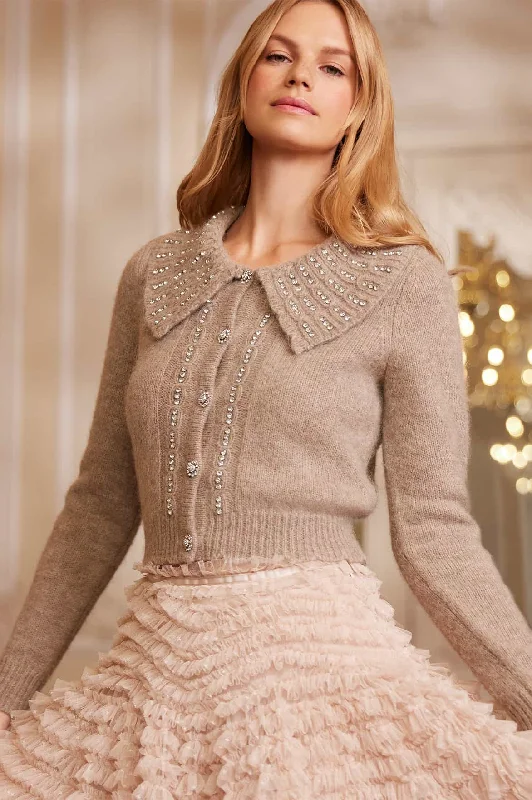 Knit Tops with Wrap-Style Design-Embellished Collar Short Cardigan
