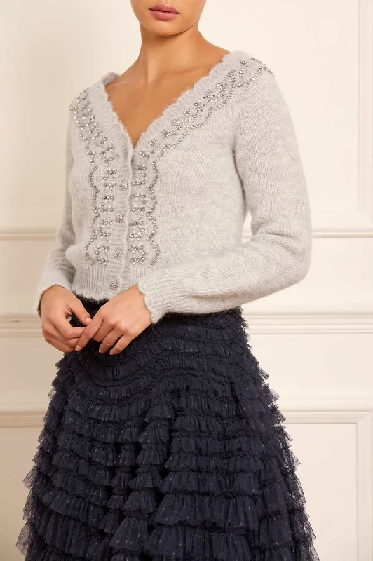 Knit Tops with Side Slits-Embellished V-Neck Short Cardigan