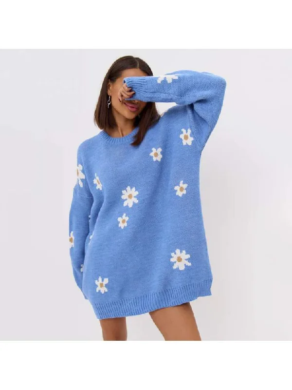 Women's Simple Wool Knit Pullover Sweater for Casual Wear-Embroidery Pullover Crewneck Flower Knit Sweater