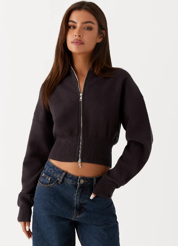 Simple Knit Tops for Women -Episode High Neck Cardigan - Charcoal